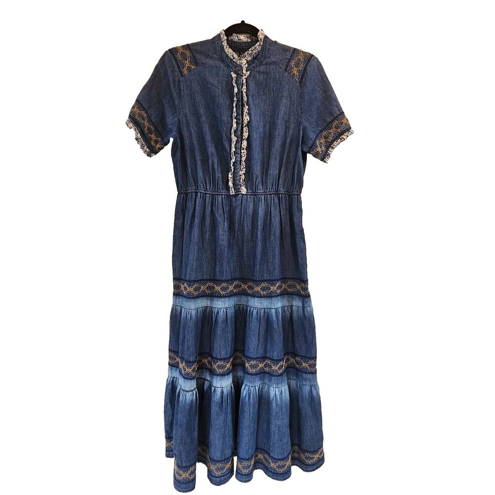 Lapis Anthropologie Blue Denim Dress Sz L Tiered Boho Cowgirl Prairie Western